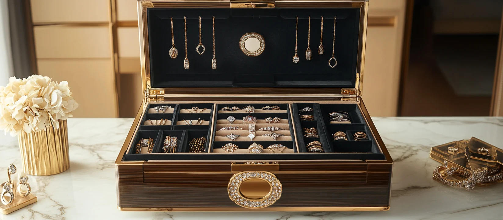 A large black jewelry box with multiple sections for rings, necklaces, and other jewelry.